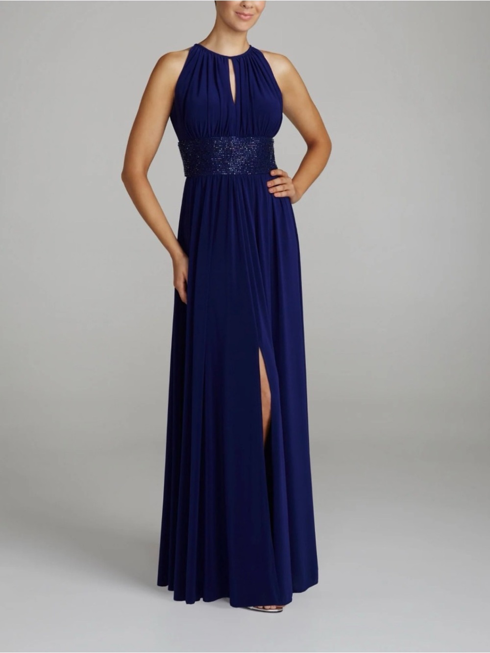 R&M Richards Blue Halter Maxi Gown with Beaded Waistband